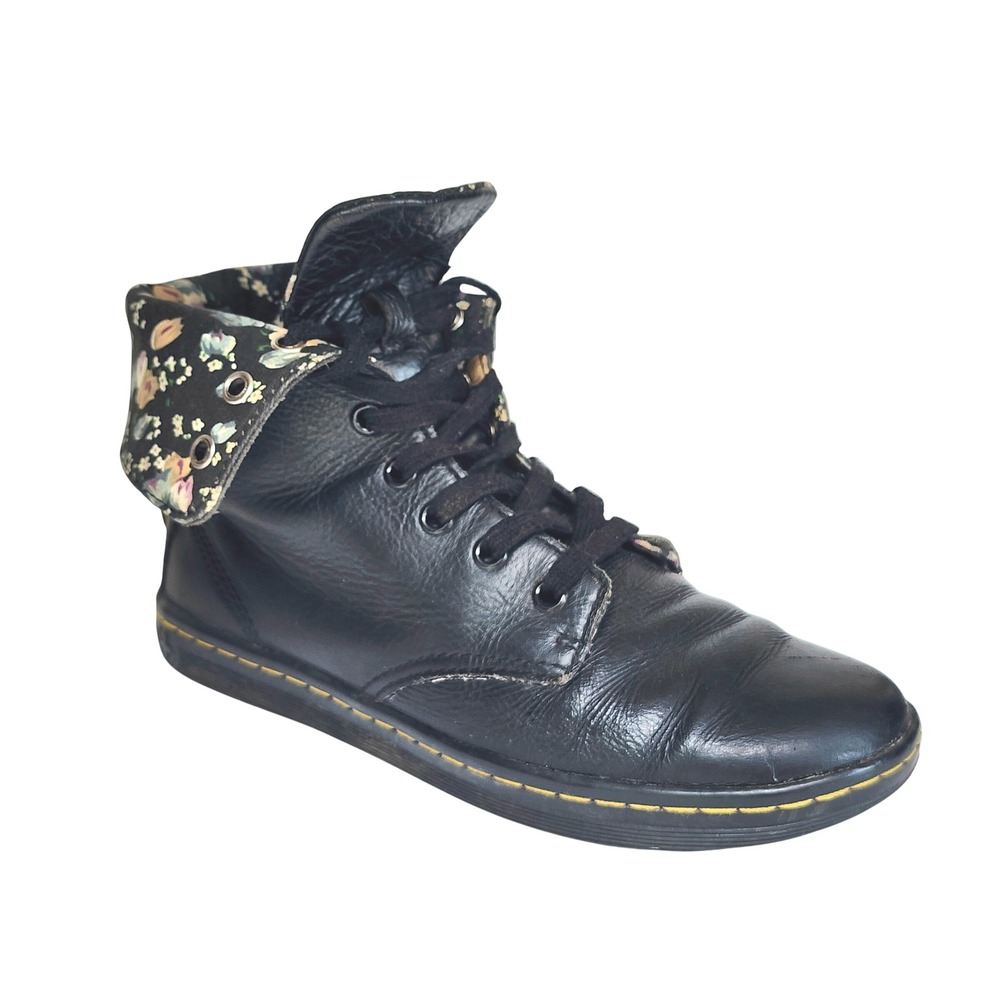 Dr. Martens Stratford Black Leather Floral Fold Down Boots Womens 7 AV004